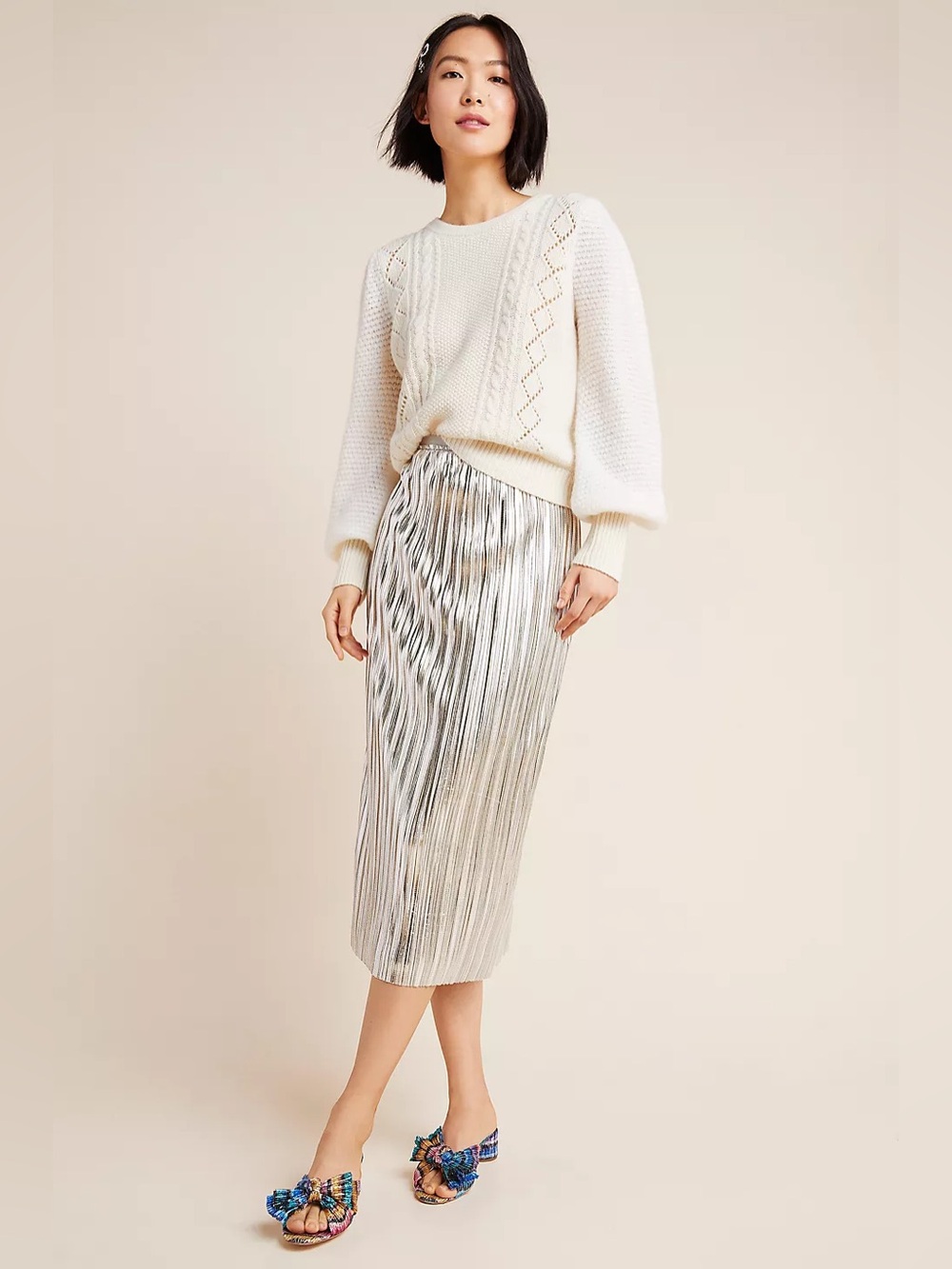 Maeve Metallic Silver Pleated Midi Skirt